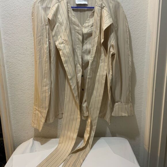 Mark Kenly Domino 100% linen Tan Striped/Top, Size 40 - Picture 2 of 10